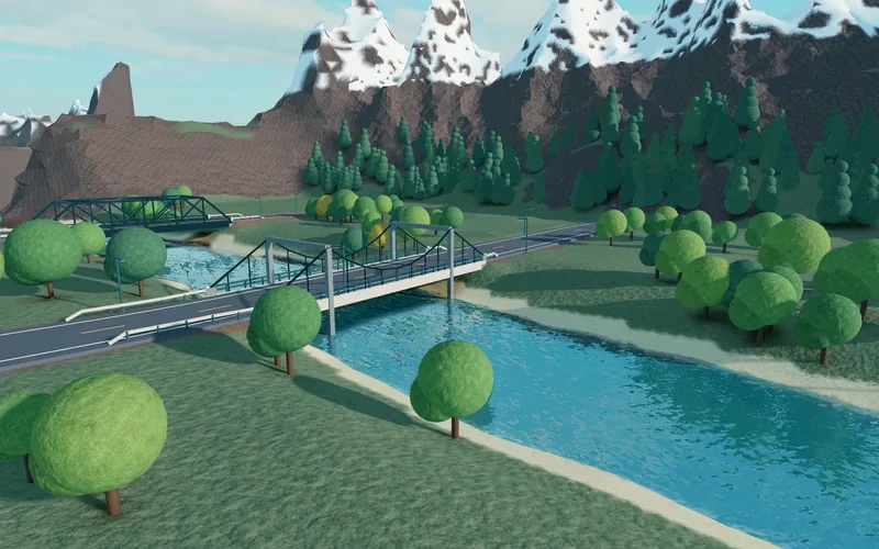 A road with a bridge over a river, with mountains behind it