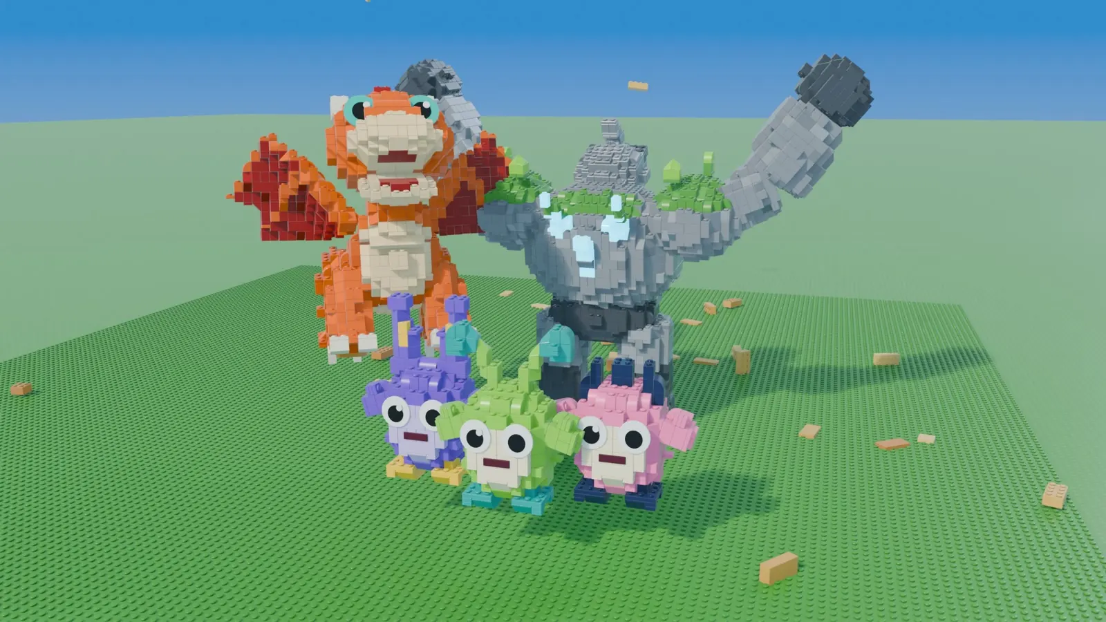A brick dragon, a stone golem and three small pets, all built from studded bricks, on a green baseplate
