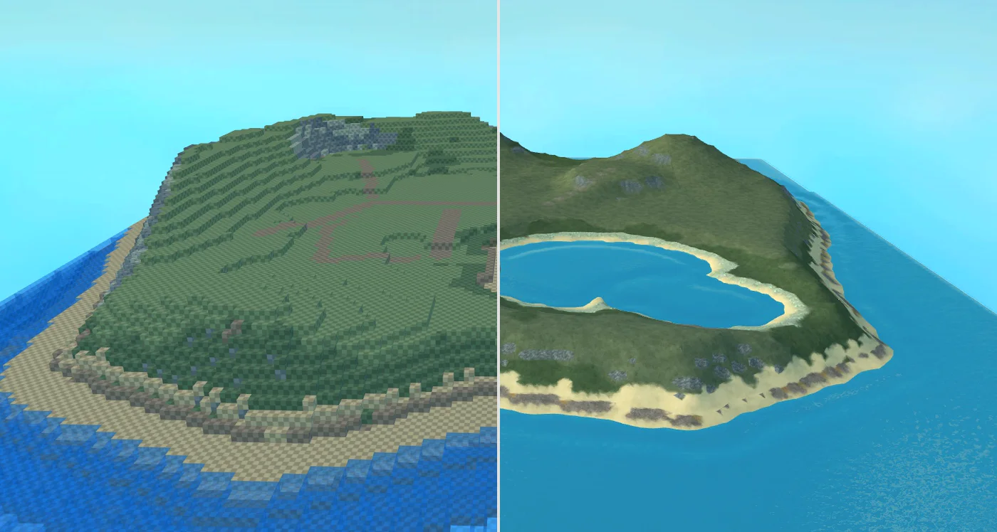 One island in two halves: studded bricks on the left, smooth terrain on the right
